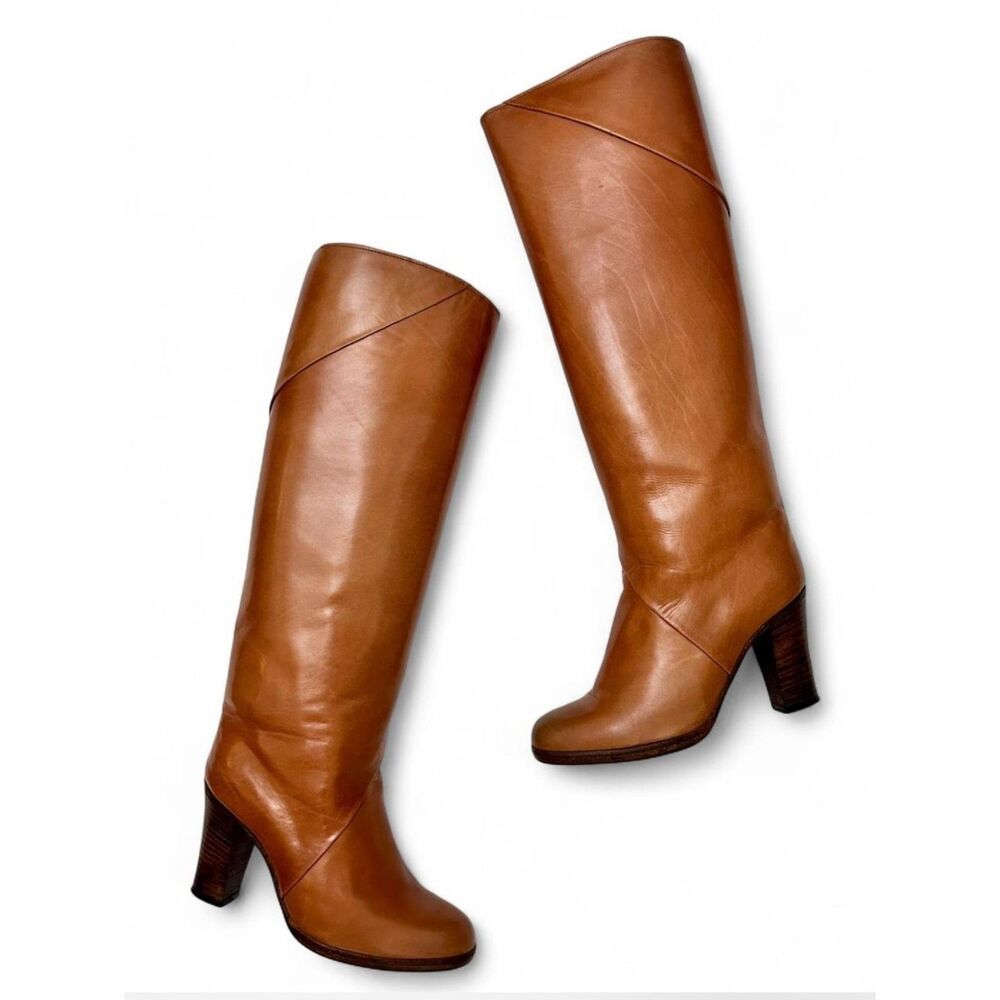 Women's Mullys Vintage Tan Leather Knee High Round Toe Heeled Boots - Size 4